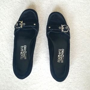 Black Suede Ferragamo (Heeled) Flats with Silver Buckle Accent